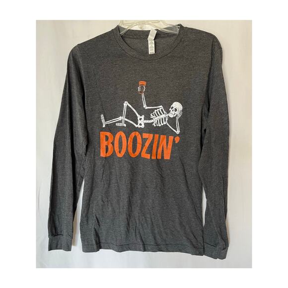 Bella Canvas Boozin' Skeleton Halloween Long Sleeve T-Shirt Gray Fun Adult - Picture 1 of 9